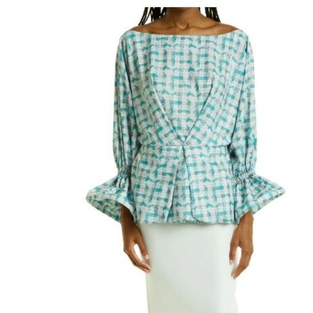 NWT Kimberly Goldson Sola Plaid Bell Sleeve Blouse